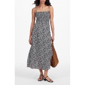 Madewell Smocked Tie-Strap Midi Dress Black White Abstract Petal Print NU562 8